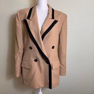Vintage Saville Petite Women's Blazer Tan with Black Trim Sz 12P Lined‎ Made USA